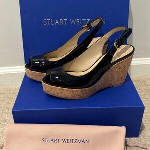 Stuart Weitzman Jean Black Patent Leather Cork Wedge Slingback Peep Toe
